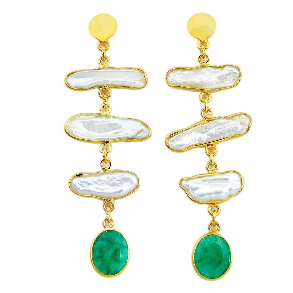 18.73cts natural white pearl emerald handmade14k gold dangle earrings t16568