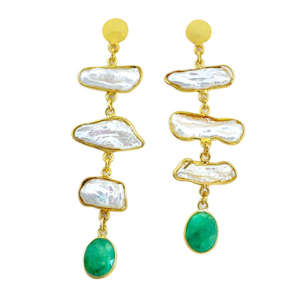 19.68cts natural white pearl emerald handmade14k gold dangle earrings t16580
