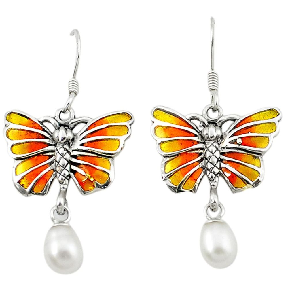 Natural white pearl enamel 925 sterling silver butterfly earrings c20885
