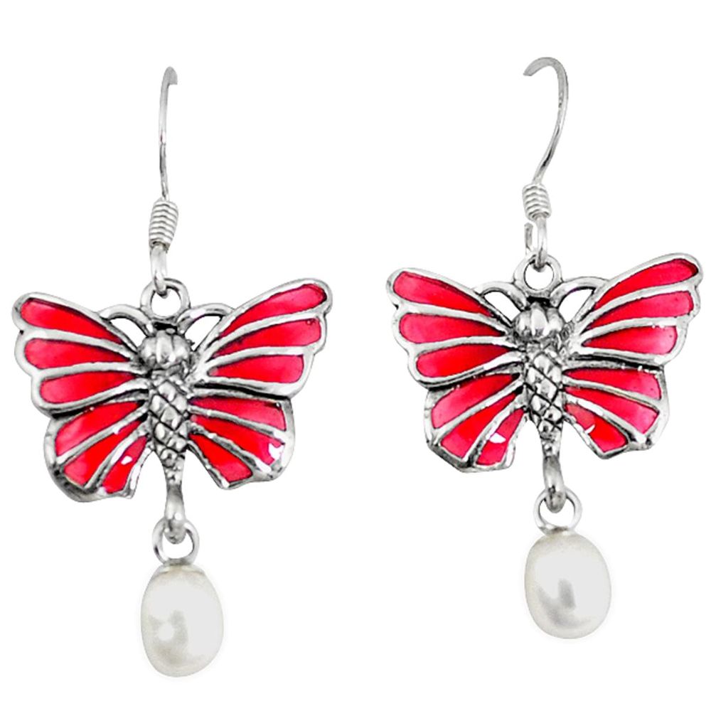Natural white pearl enamel 925 sterling silver butterfly earrings jewelry c20888
