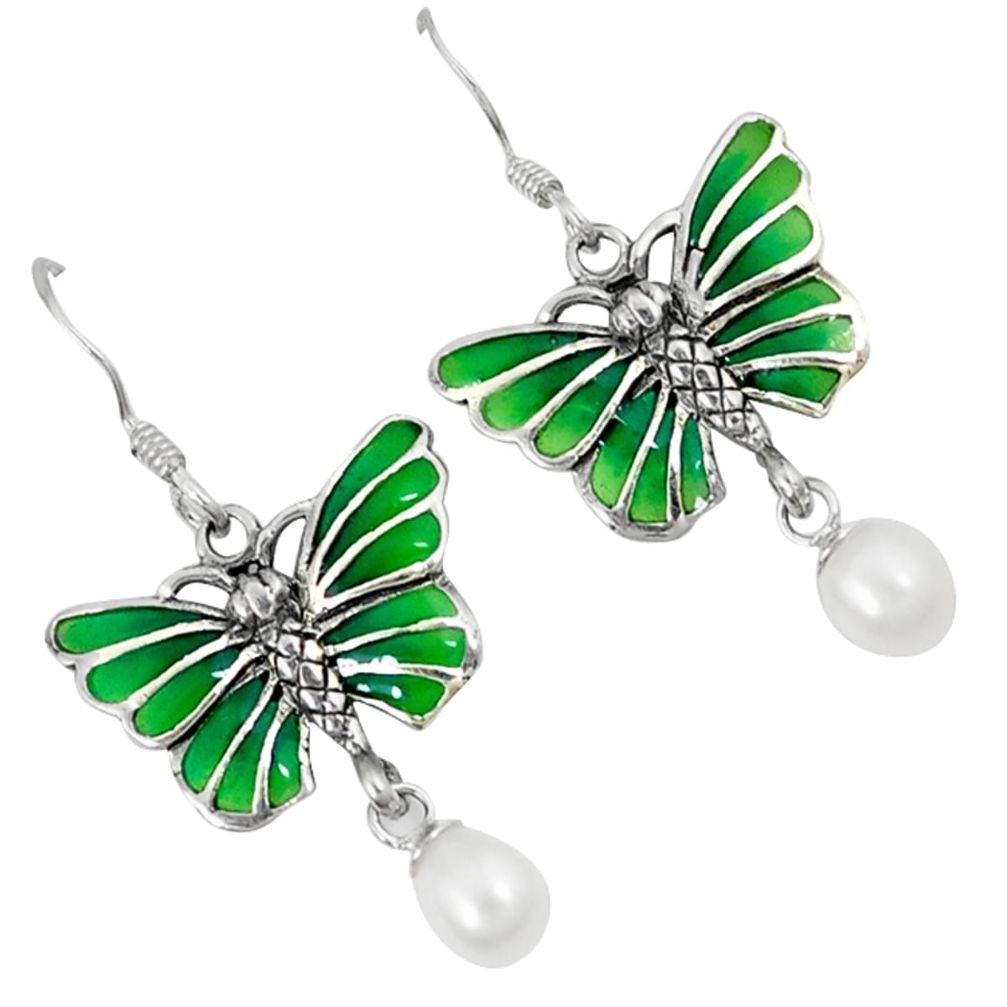 Natural white pearl enamel 925 sterling silver butterfly earrings jewelry c22862