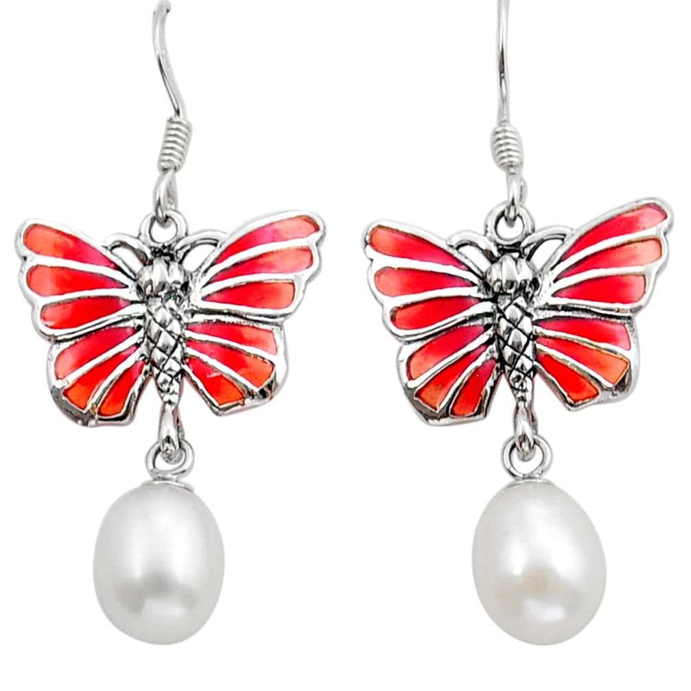 8.09cts natural white pearl enamel 925 sterling silver butterfly earrings y15701