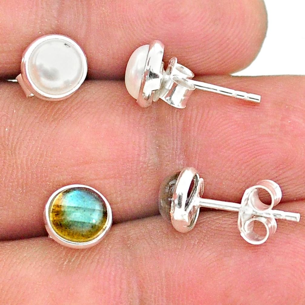 4.41cts natural white pearl labradorite 925 sterling silver stud earrings t23950