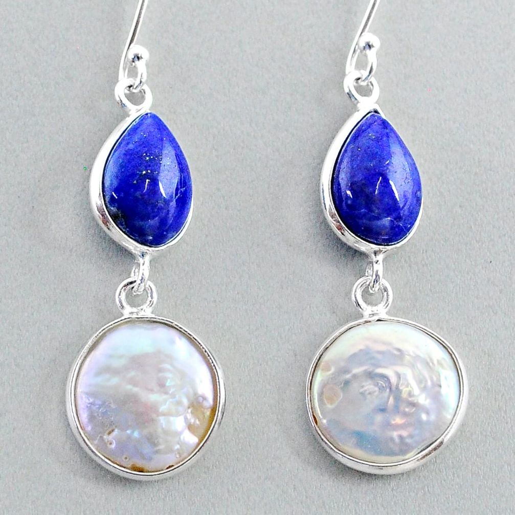 14.12cts natural white pearl lapis lazuli 925 silver dangle earrings t37246