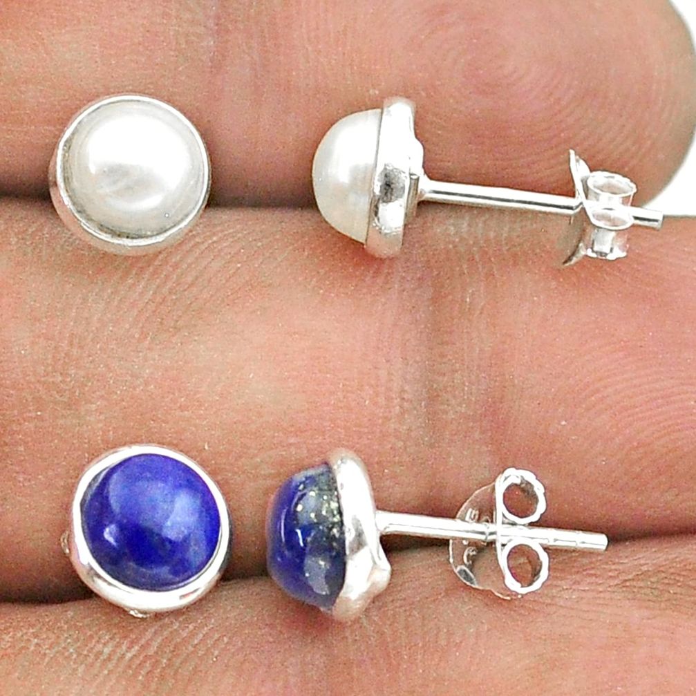5.08cts natural white pearl lapis lazuli silver 2 pair studs earrings t50883