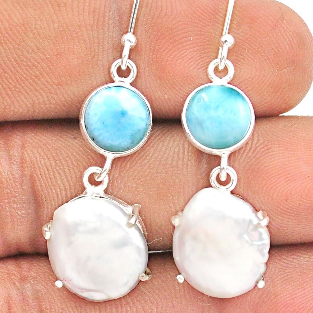 10.58cts sea life natural white pearl larimar 925 sterling silver dangle earrings u14320