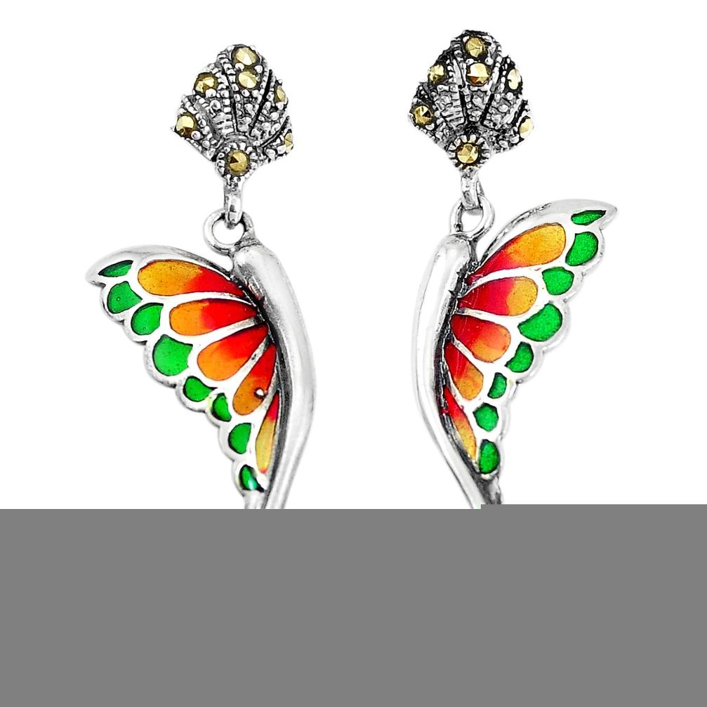 4.46cts natural white pearl marcasite enamel silver butterfly earrings c26106