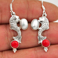 4.73cts natural white pearl red coral 925 sterling silver fish earrings n28007