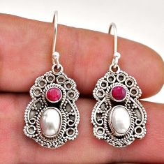 3.27cts natural white pearl red ruby 925 sterling silver dangle earrings n51089