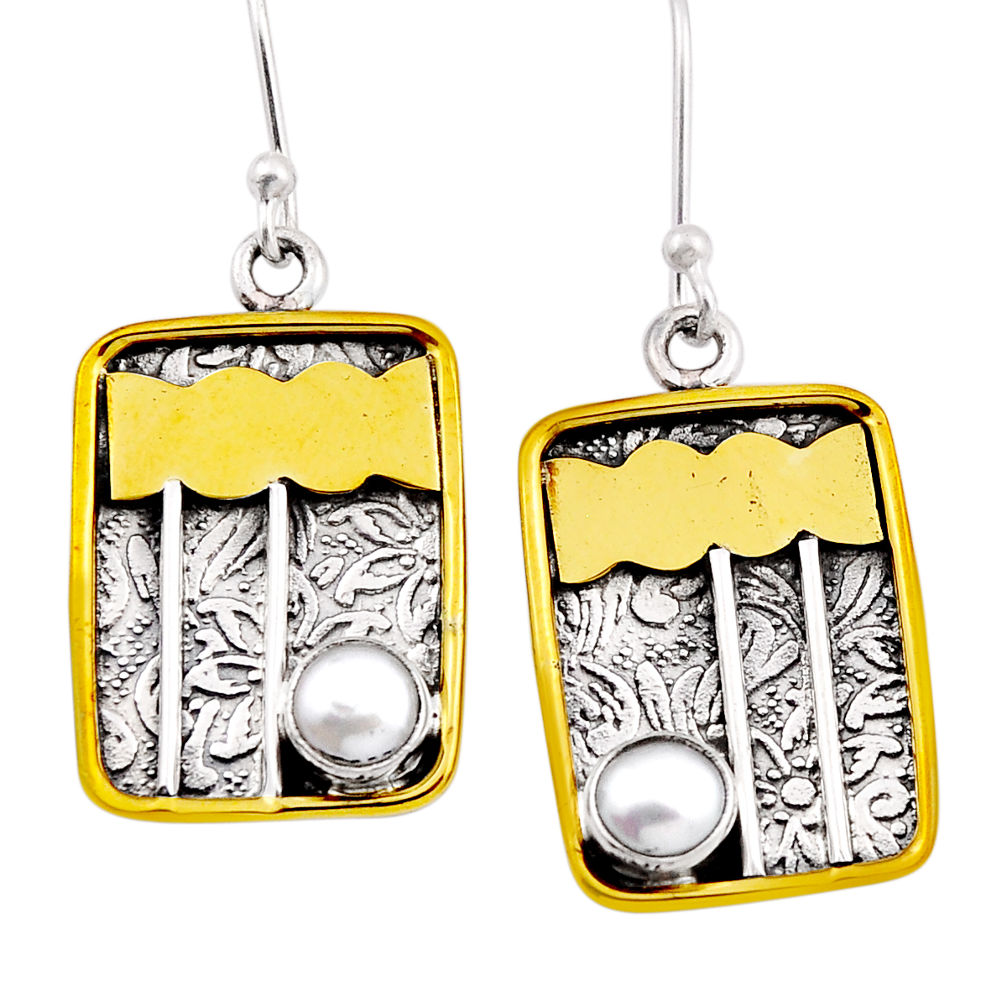 1.84cts natural white pearl round sterling silver gold dangle earrings n27893