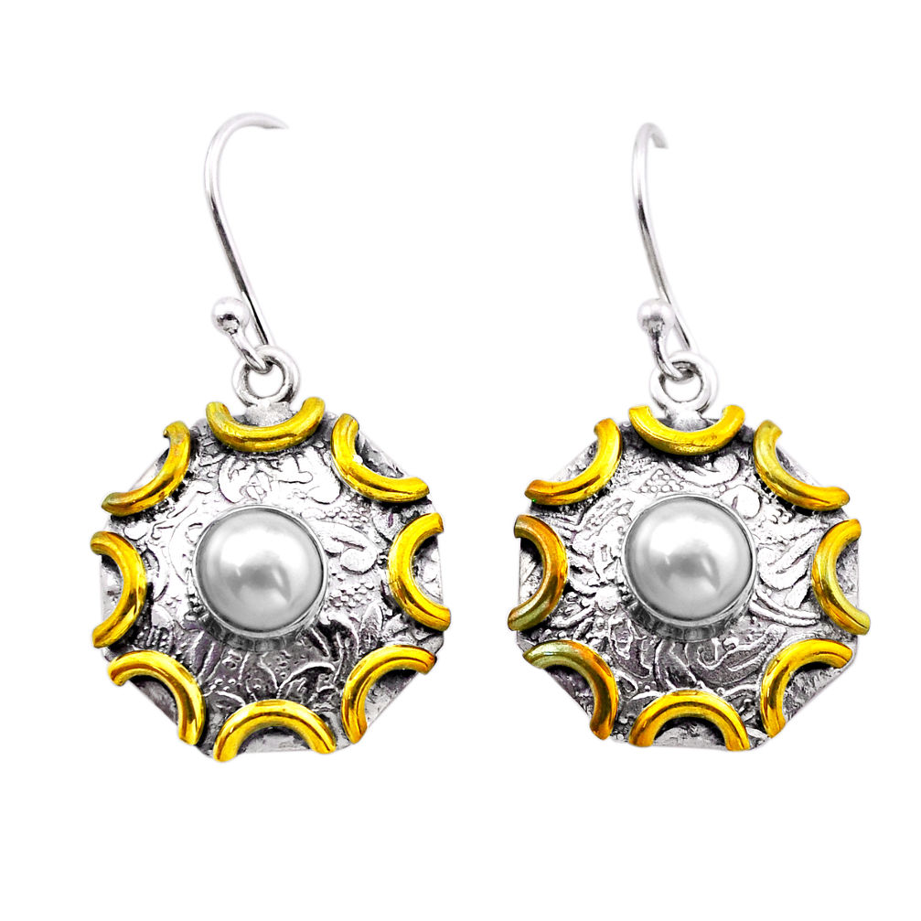 2.01cts natural white pearl round sterling silver gold dangle earrings n51064