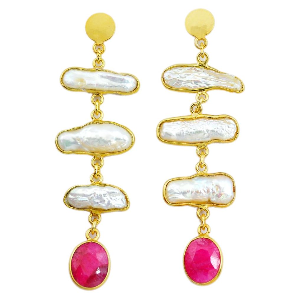 18.73cts natural white pearl ruby handmade14k gold dangle earrings t16563