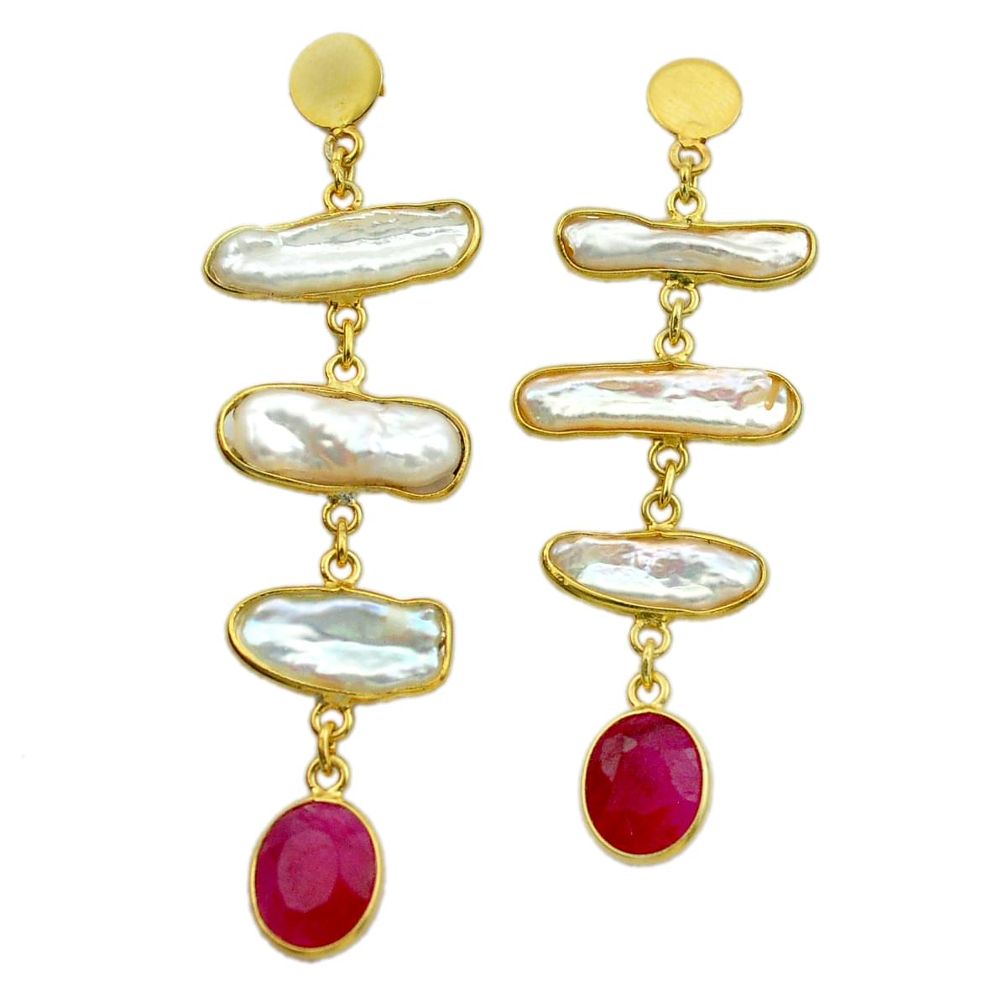 18.73cts natural white pearl ruby 925 silver 14k gold dangle earrings t44077