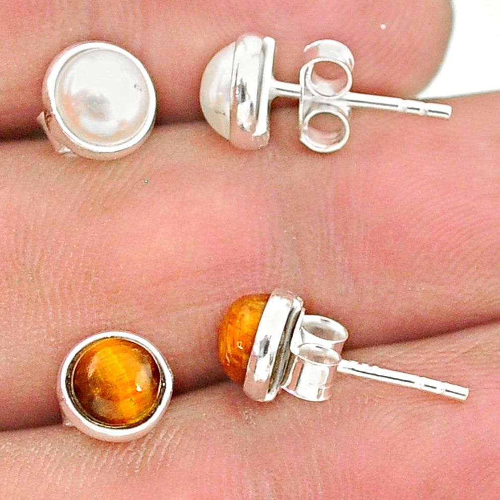 4.27cts natural white pearl tiger's eye 925 sterling silver stud earrings t23935