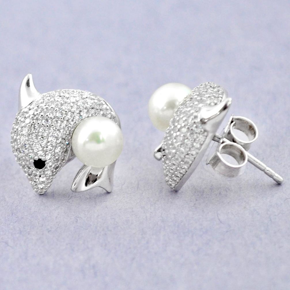 Natural white pearl topaz 925 sterling silver fish earrings jewelry c25041
