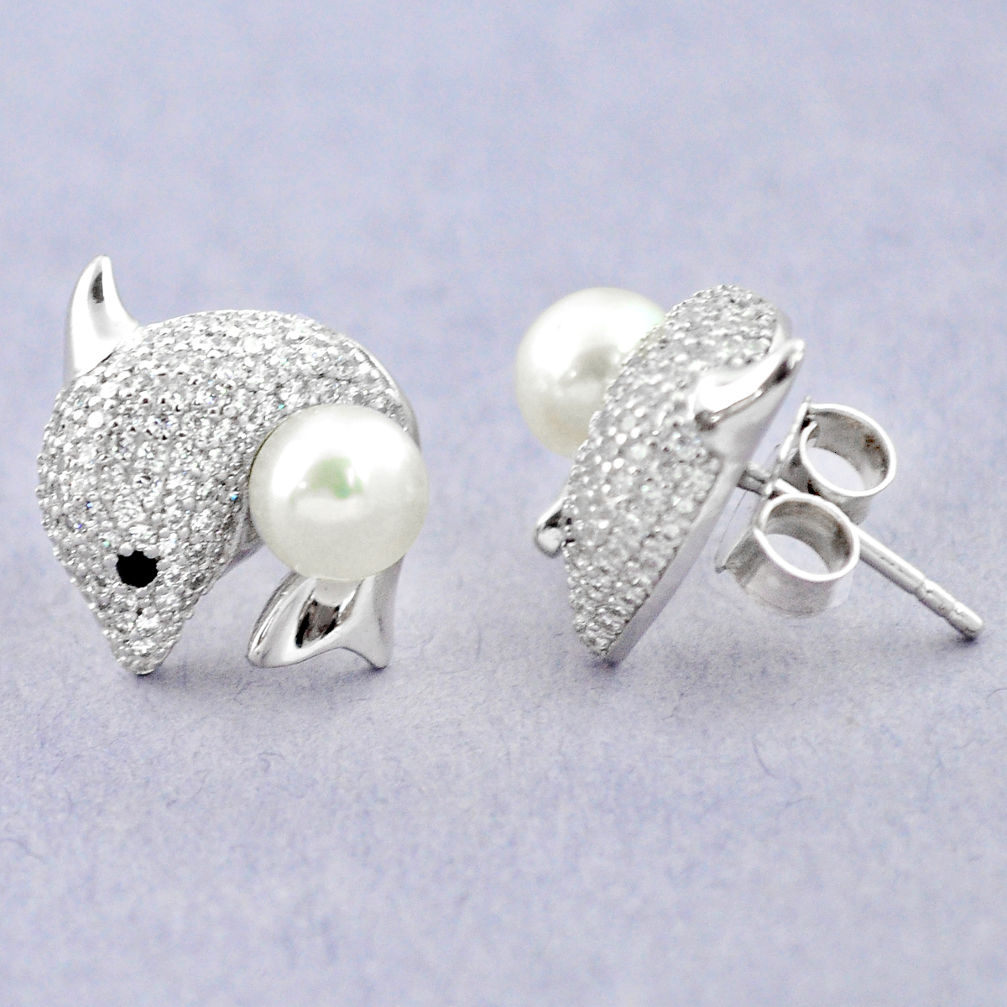 LAB Natural white pearl topaz 925 sterling silver fish earrings jewelry c25051