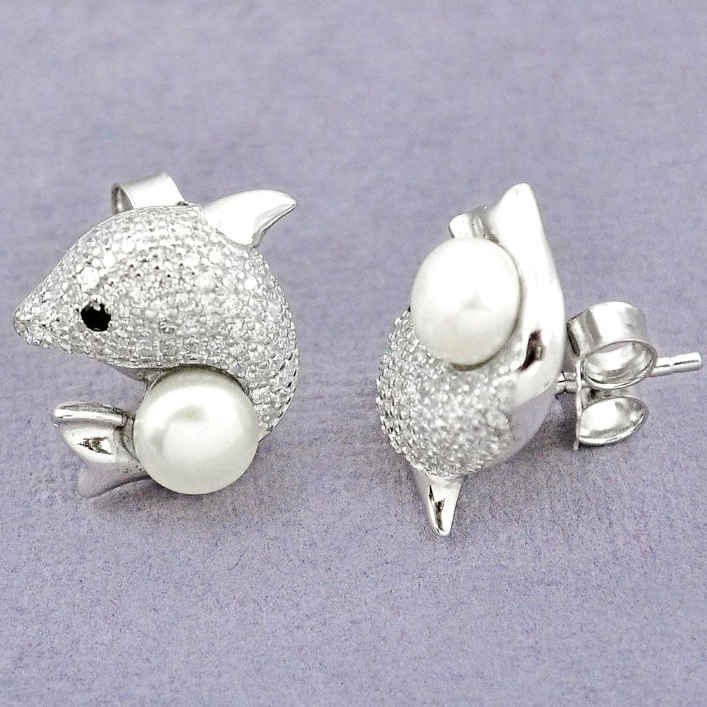 Natural white pearl topaz 925 sterling silver fish earrings jewelry c25532