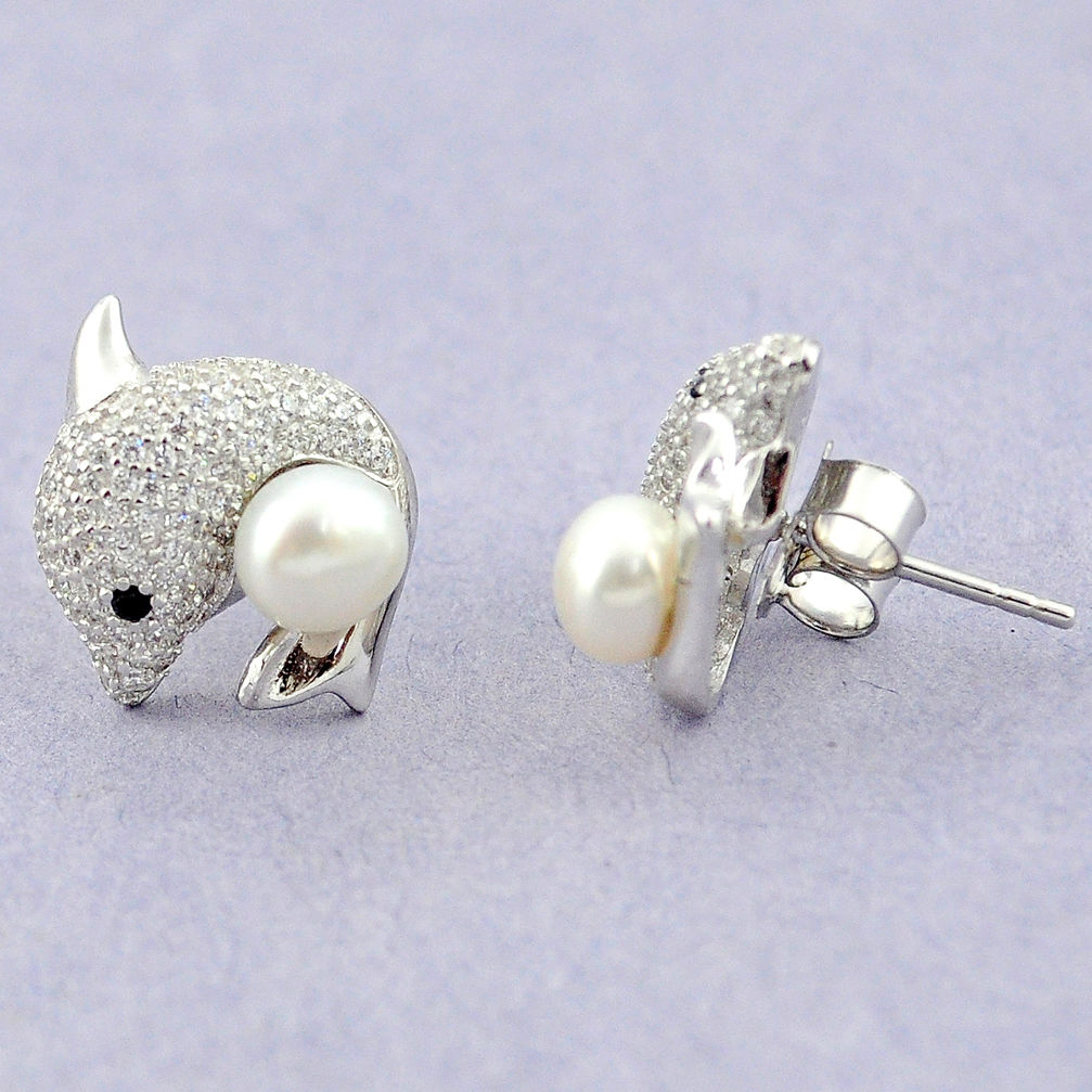 LAB Natural white pearl topaz 925 sterling silver fish earrings jewelry c25540