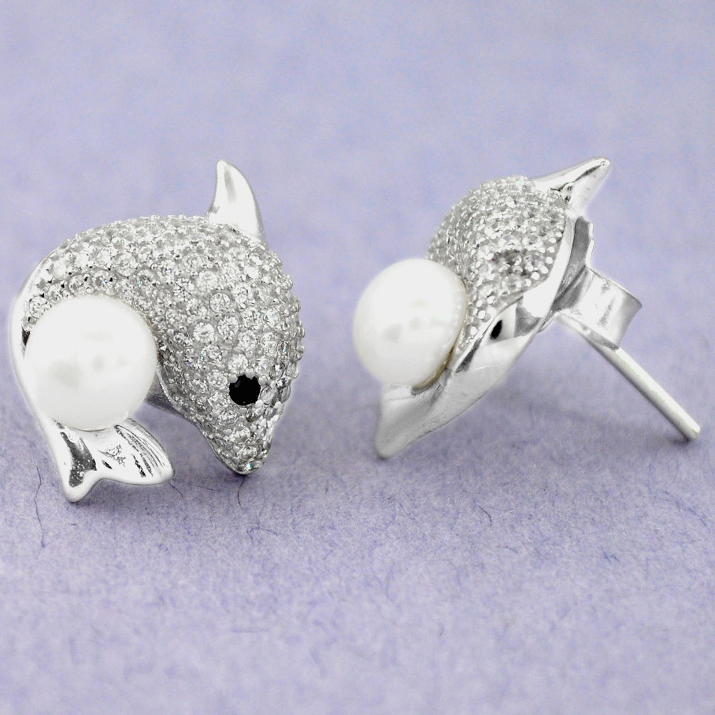 LAB Natural white pearl topaz 925 sterling silver stud fish earrings jewelry c25460
