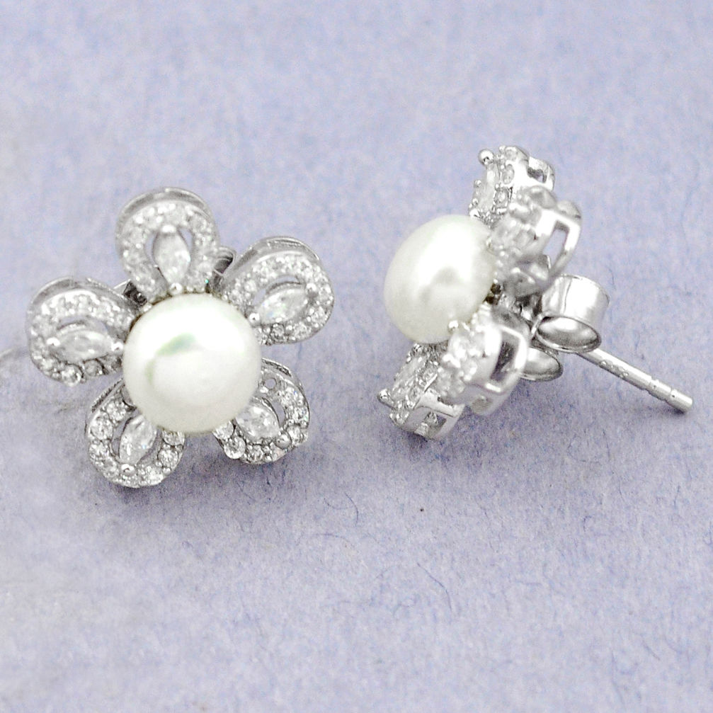 Natural white pearl topaz round 925 sterling silver stud earrings c25452