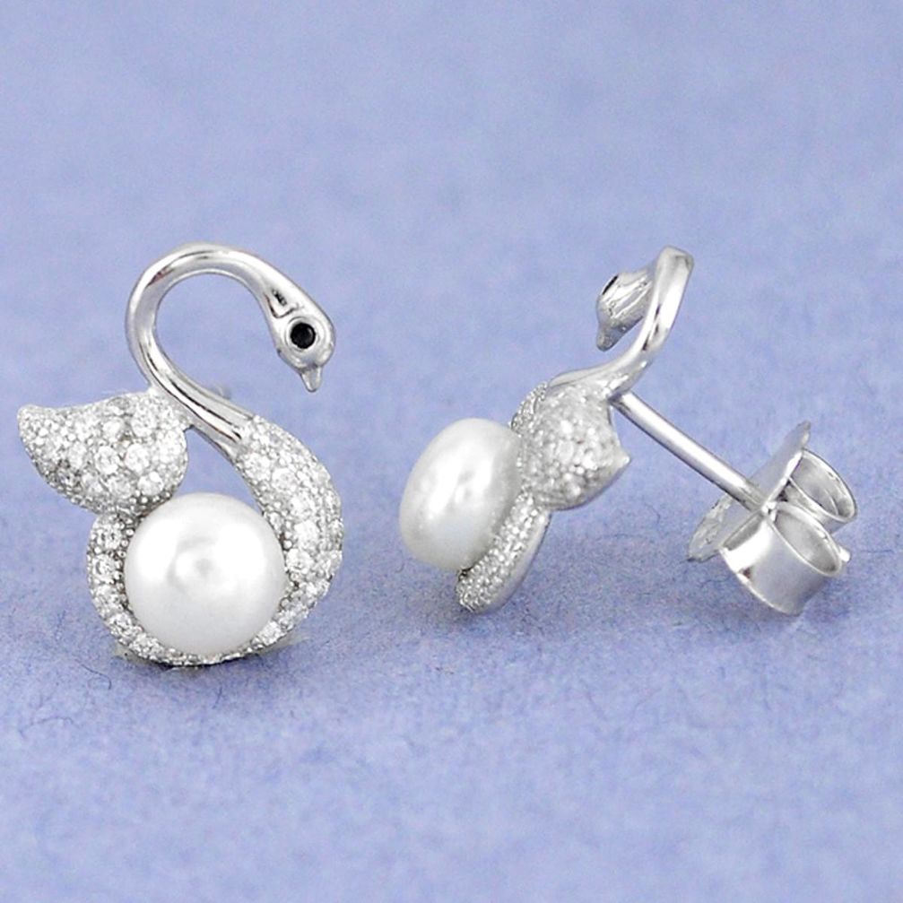 Natural white pearl topaz round 925 sterling silver stud earrings jewelry c25543