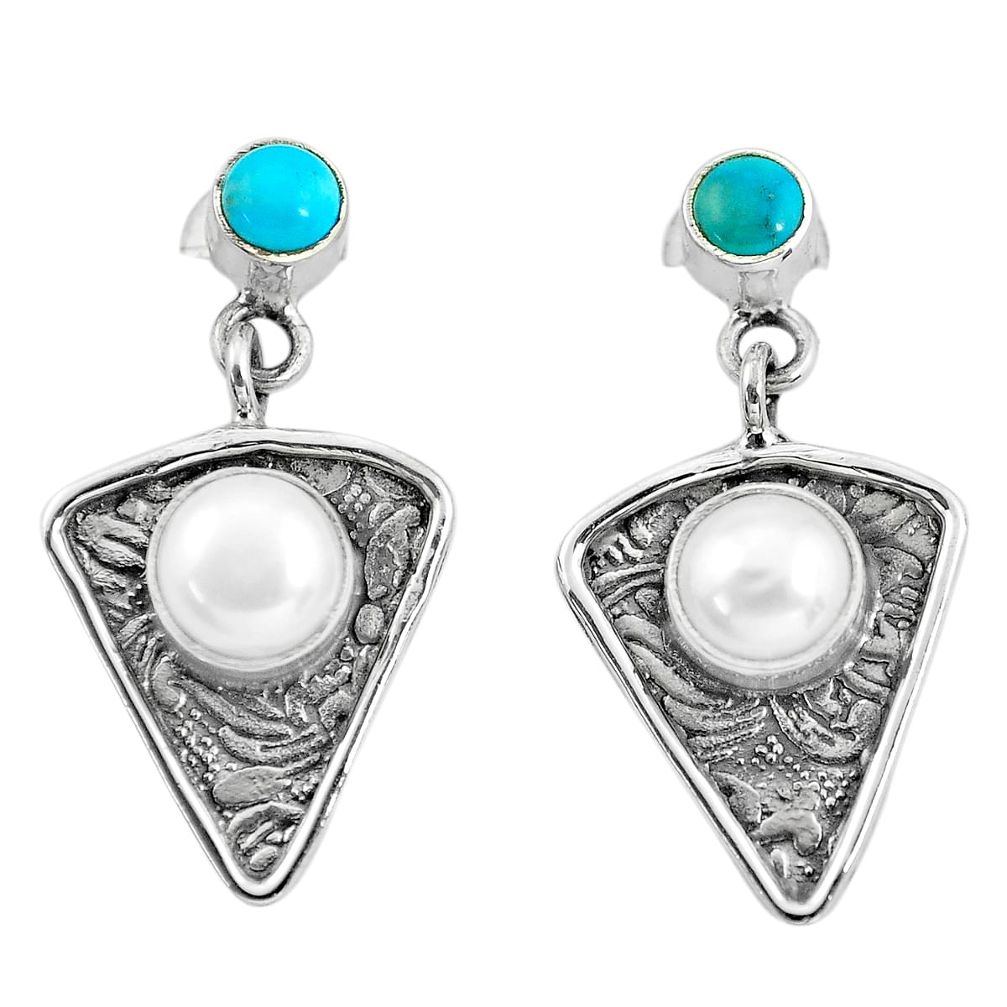4.70cts natural white pearl turquoise 925 sterling silver dangle earrings p57592
