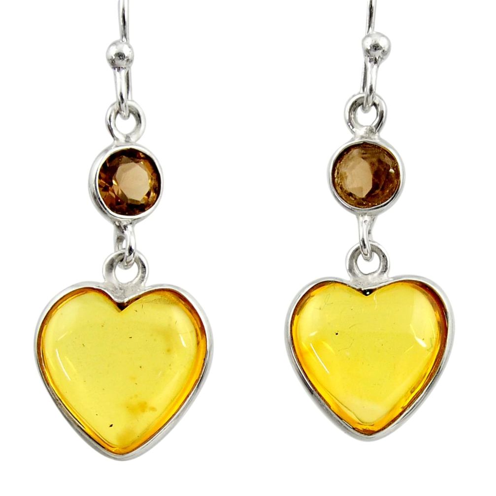 yellow amber bone smoky topaz 925 silver heart earrings d39915
