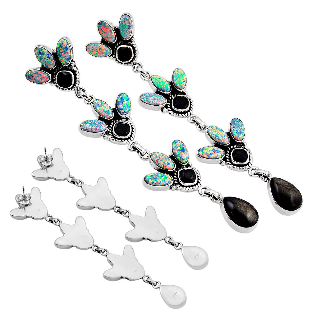 Onyx golden sheen black obsidian australian opal (lab) silver earrings c34653