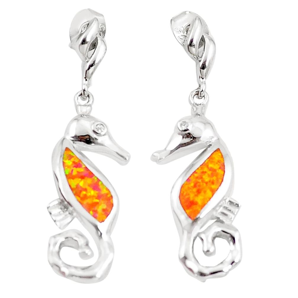 0.22cts orange australian opal (lab) topaz 925 silver dangle earrings c26058