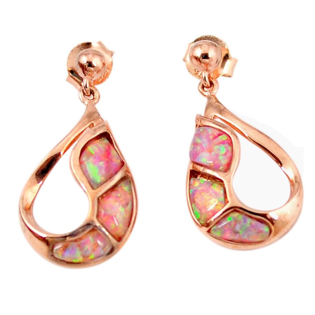 Pink australian opal (lab) 925 silver 14k rose gold dangle earrings c15536