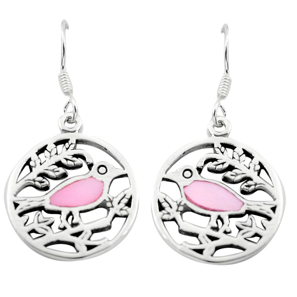 4.07gms pink pearl enamel 925 sterling silver birds earrings a91925 c14214