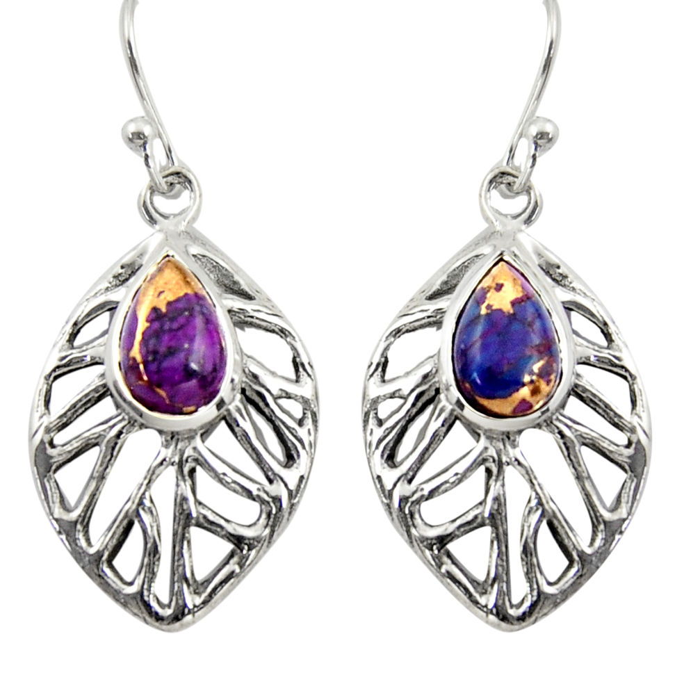 4.53cts purple copper turquoise 925 sterling silver dangle leaf earrings r39192