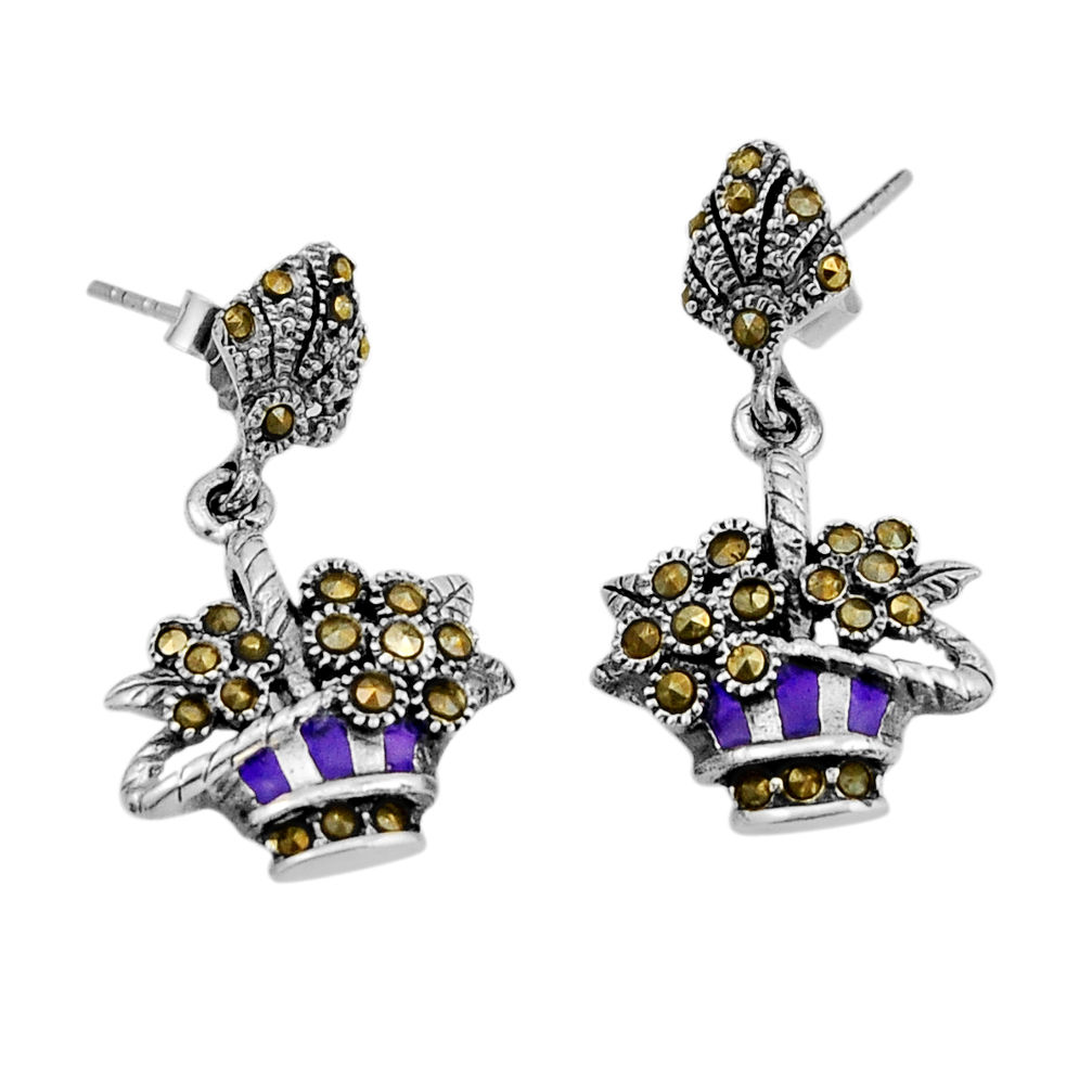 4.81gms purple marcasite enamel 925 sterling silver flower pot earrings y83420