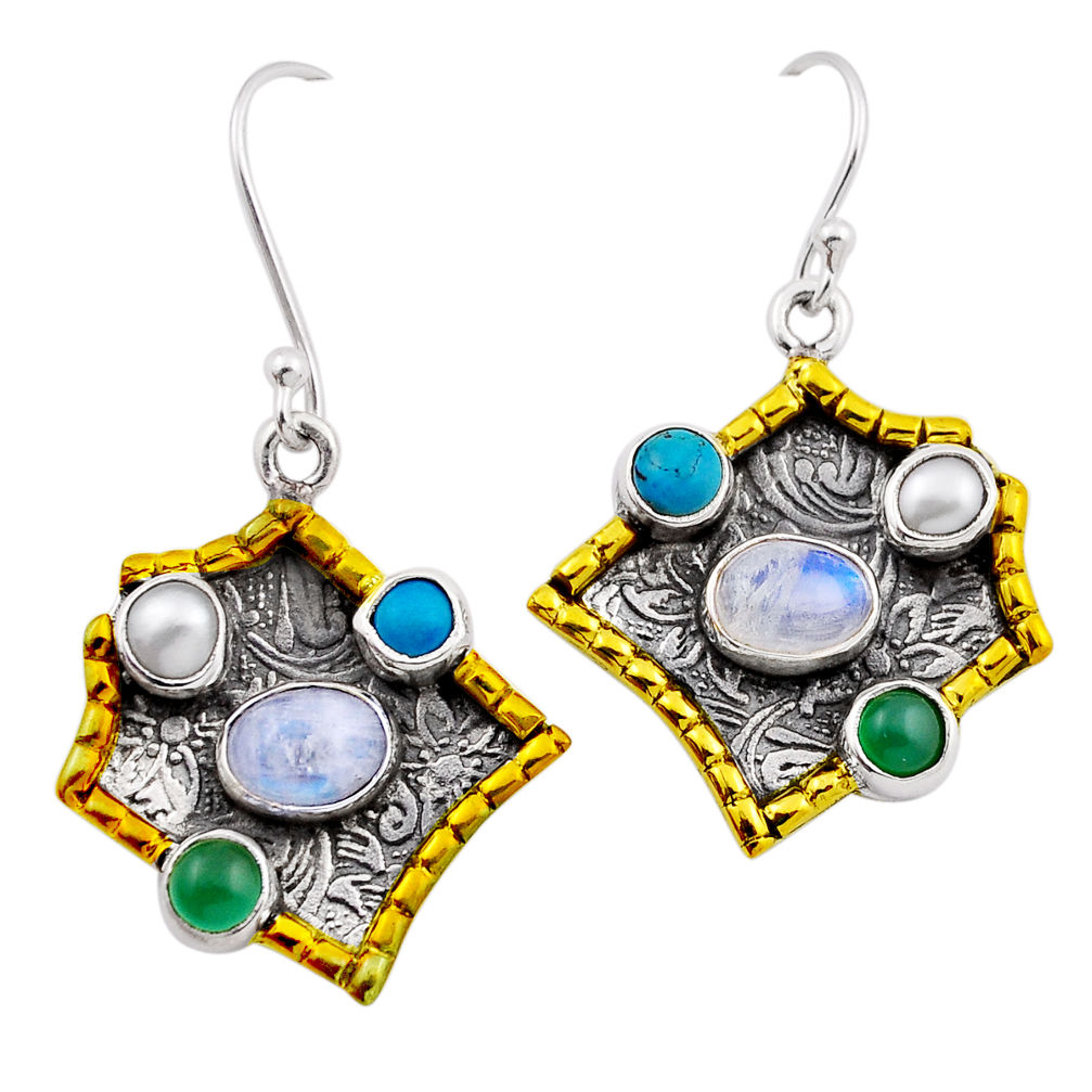 7.61cts rainbow moonstone turquoise pearl chalcedony silver gold earrings n27845