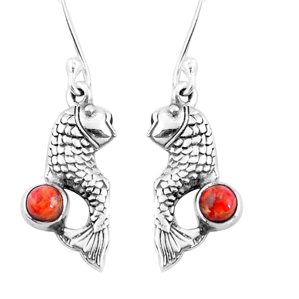 1.04cts red copper turquoise 925 sterling silver fish earrings jewelry p9895
