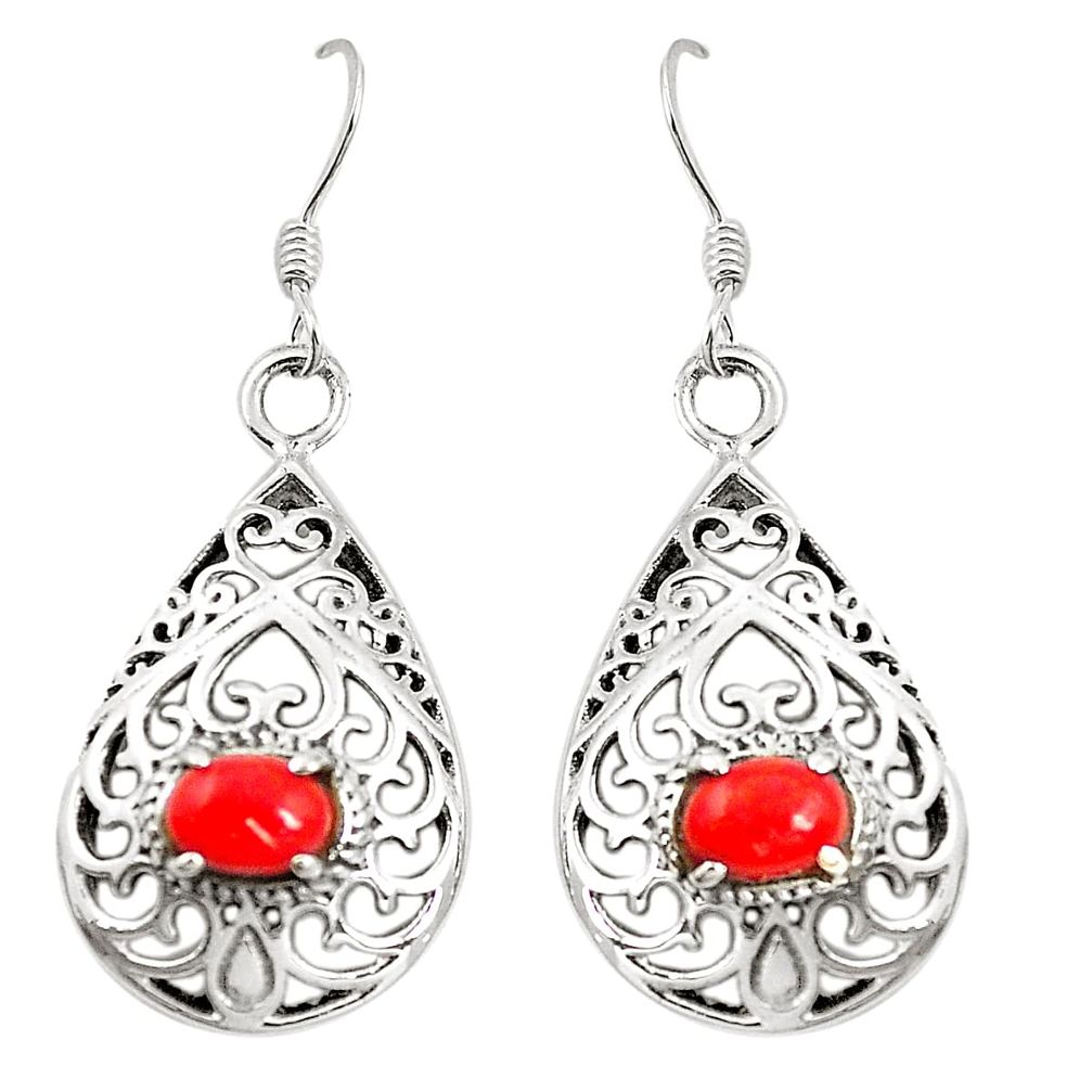 Red coral 925 sterling silver dangle earrings jewelry c11804