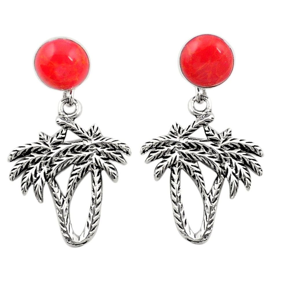 LAB Red coral 925 sterling silver dangle palm tree earrings jewelry c11638