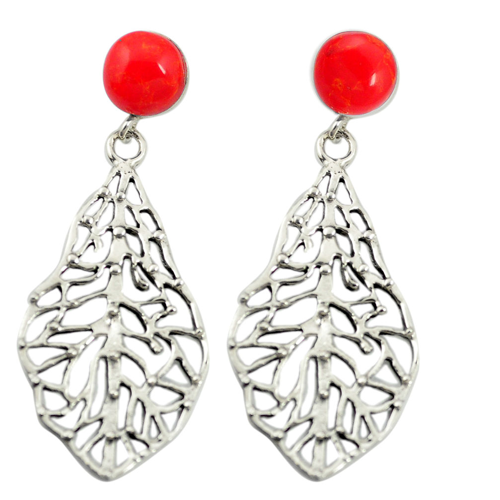 LAB Red coral 925 sterling silver deltoid leaf earrings jewelry c11634