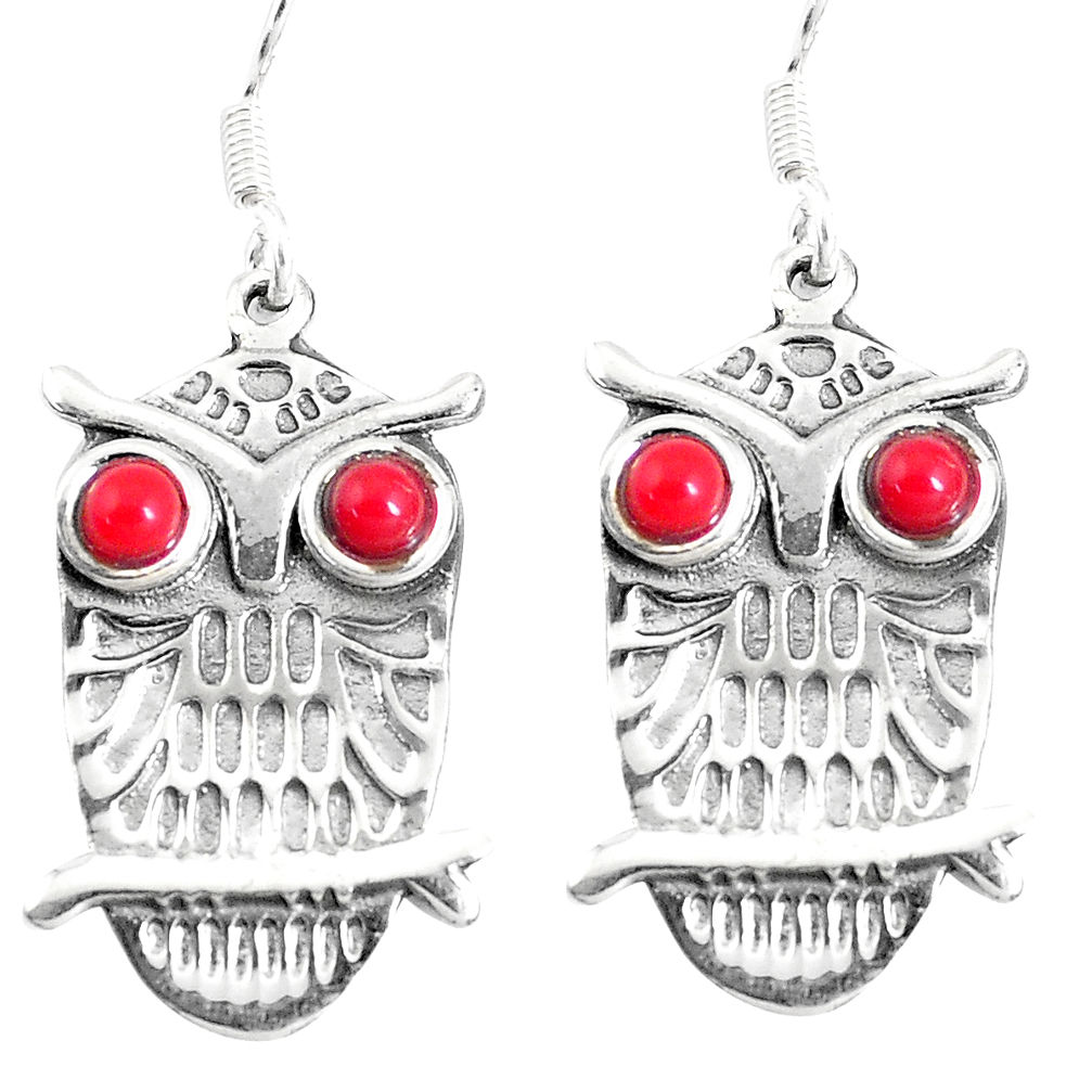 LAB 2.19cts red coral 925 sterling silver owl charm earrings jewelry c11773