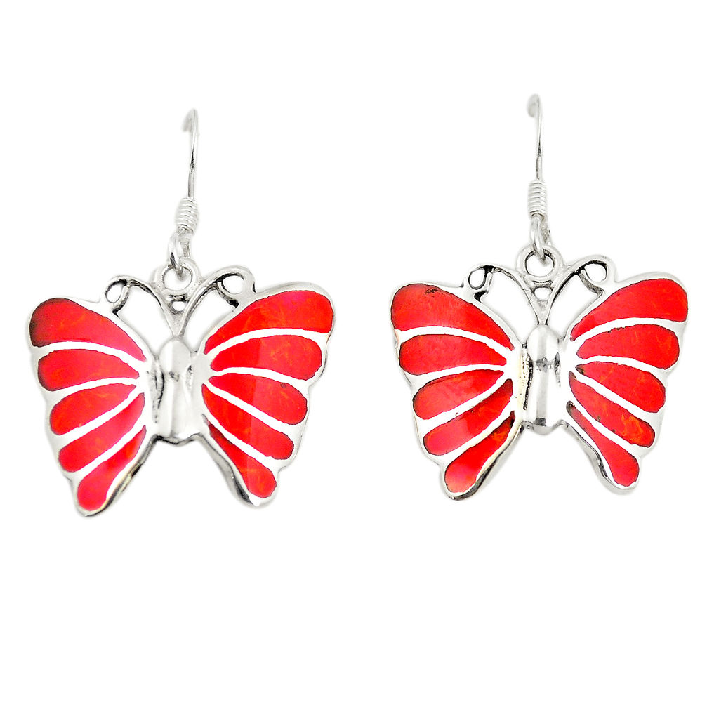 LAB Red coral enamel 925 sterling silver butterfly earrings jewelry c11581