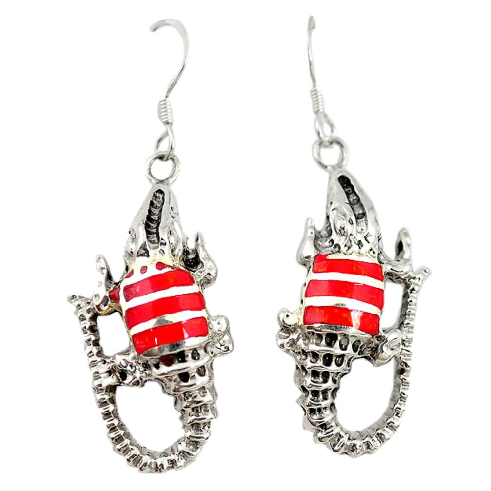 Red coral enamel 925 sterling silver dangle crocodile charm earrings c22198