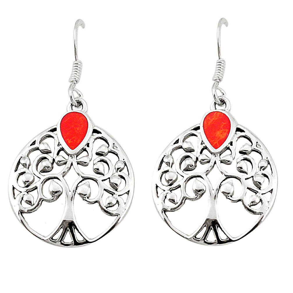 LAB Red coral enamel 925 sterling silver dangle earrings jewelry c11580