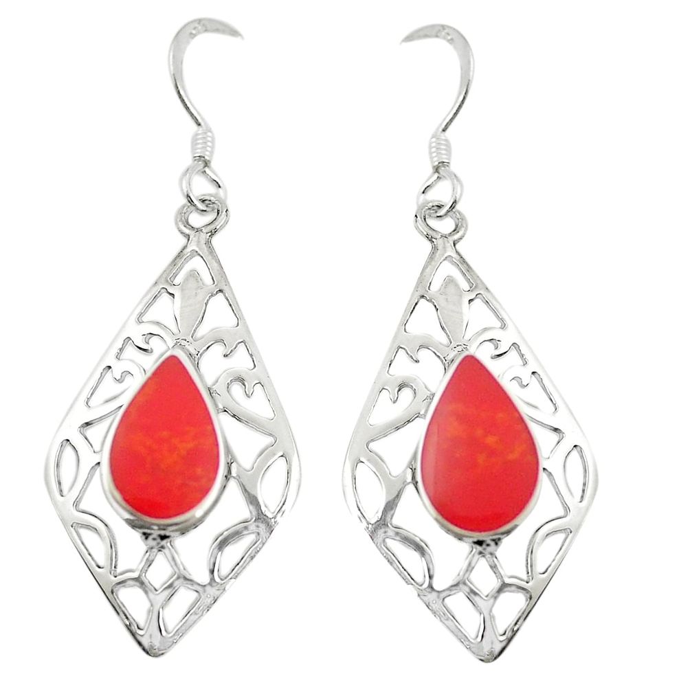 Red coral enamel 925 sterling silver dangle earrings jewelry c11726