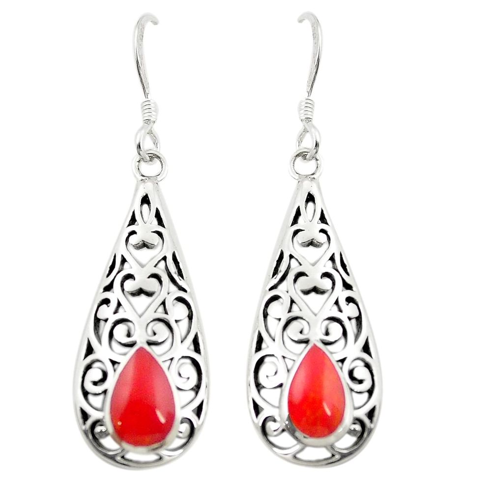 Red coral enamel 925 sterling silver dangle earrings jewelry c11728