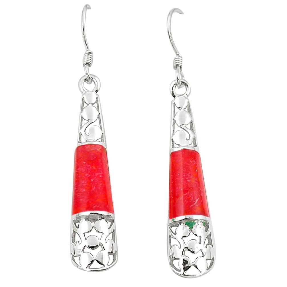 Red coral enamel 925 sterling silver dangle earrings jewelry c11750