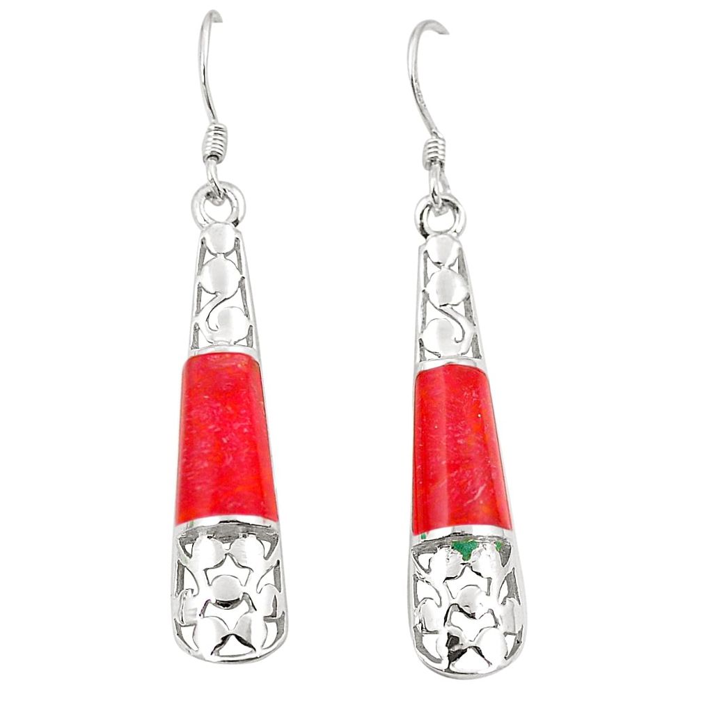 Red coral enamel 925 sterling silver dangle earrings jewelry c11755