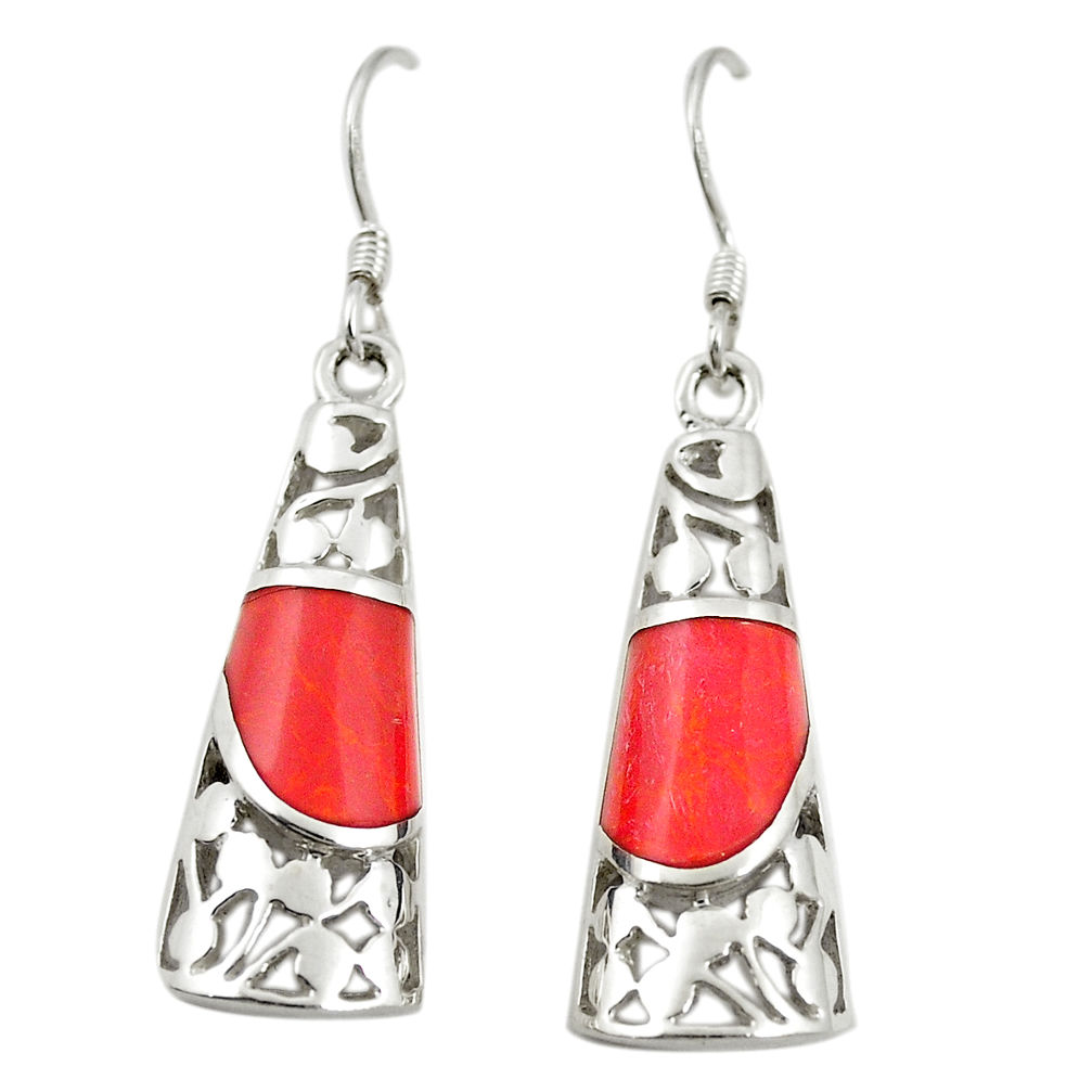 Red coral enamel 925 sterling silver dangle earrings jewelry c11756