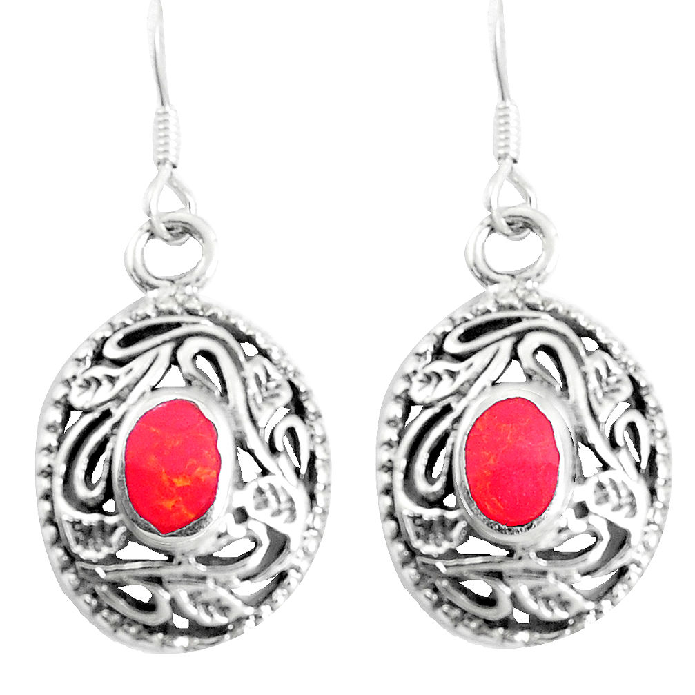 LAB 3.48gms red coral enamel 925 sterling silver dangle earrings jewelry c11771