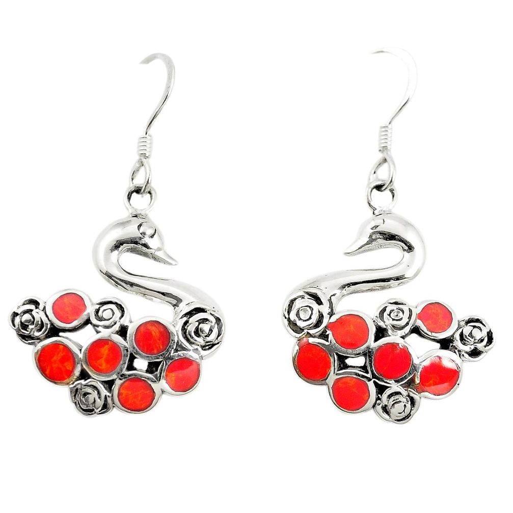 Red coral enamel 925 sterling silver dangle earrings jewelry c11810