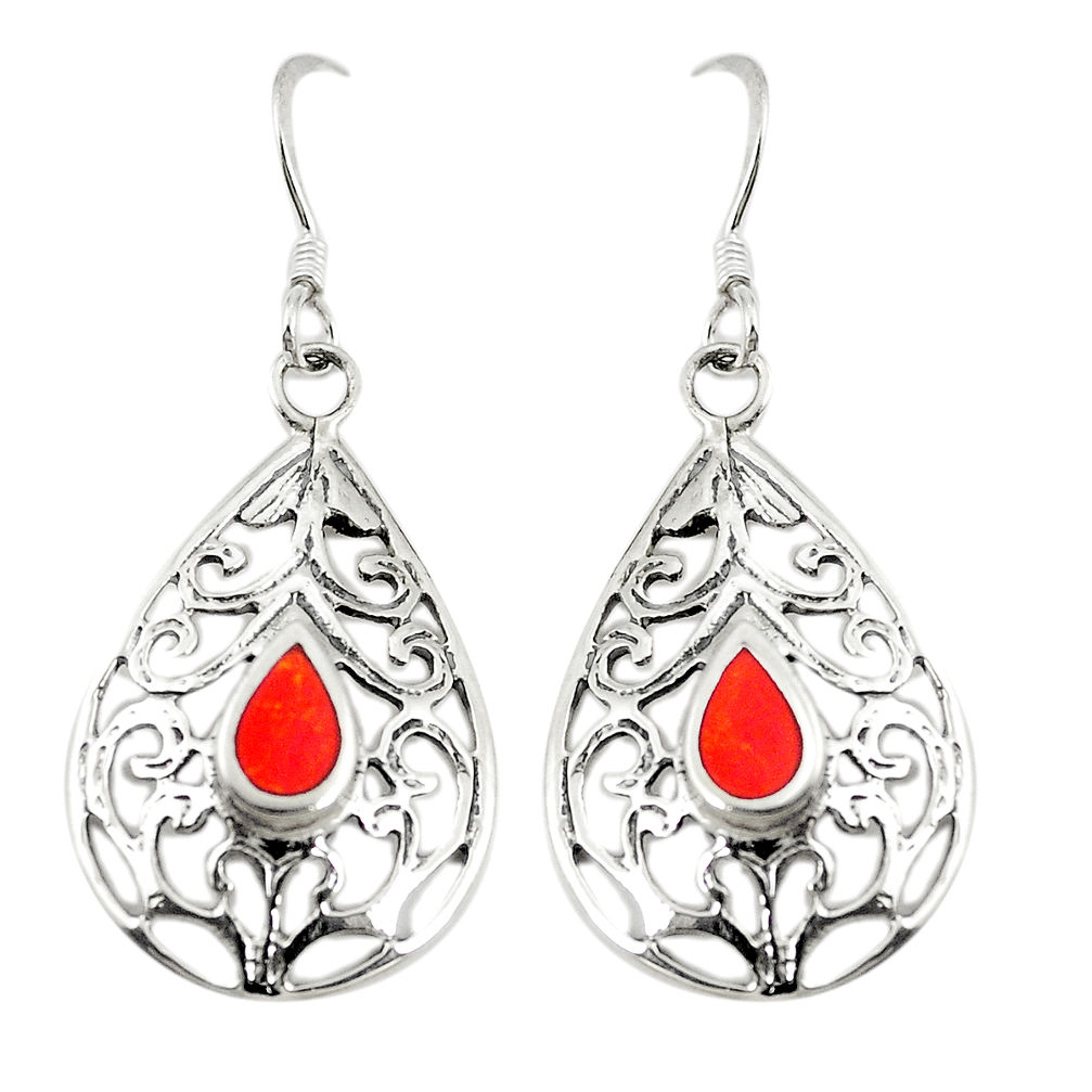 LAB Red coral enamel 925 sterling silver dangle earrings jewelry c11816